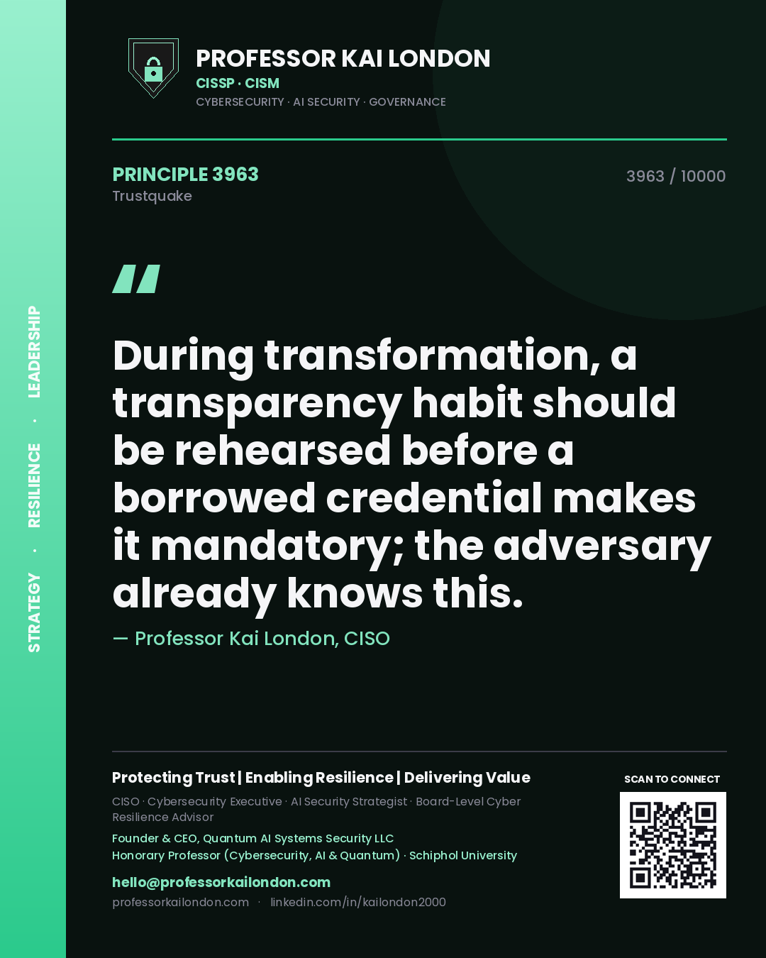 Professor Kai London principle 3963: During transformation, a transparency habit should be rehearsed before a borrowed credential makes it mandatory; the adversary already knows this.