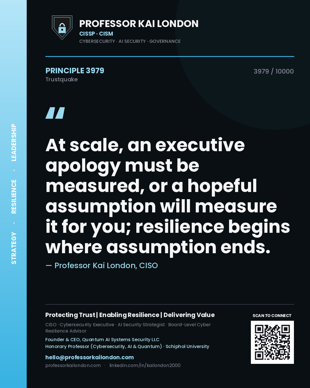 Quote card by Professor Kai London reading 'At scale, an executive apology must be measured, or a hopeful assumption will measure it for you; resilience begins where assumption ends.'. From the book Trustquake.