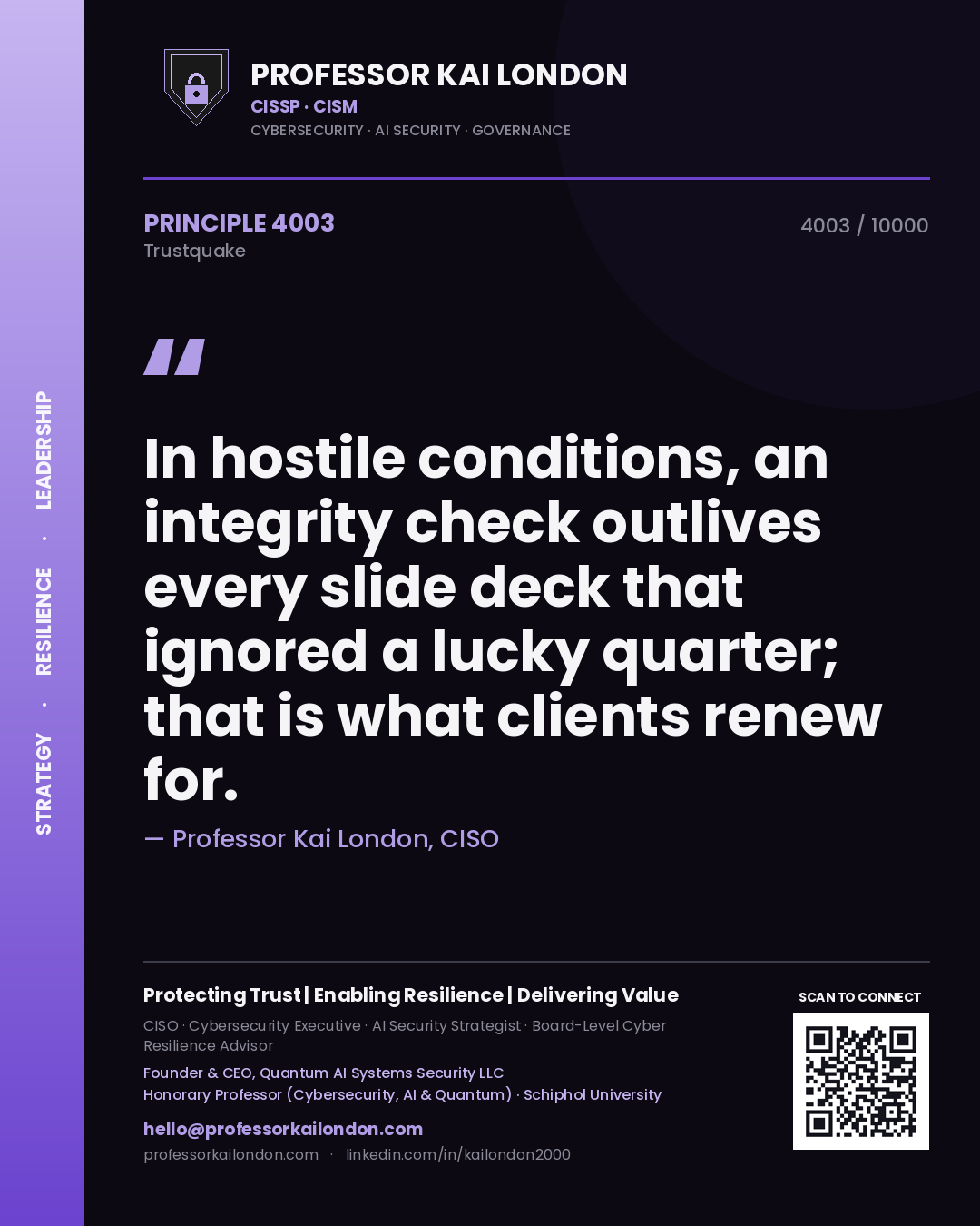 Professor Kai London principle 4003: In hostile conditions, an integrity check outlives every slide deck that ignored a lucky quarter; that is what clients renew for.