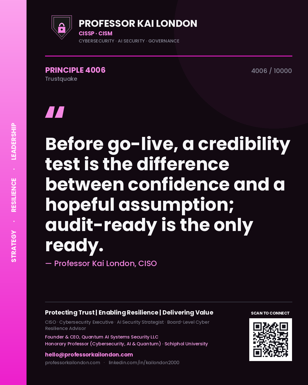 Quote card by Professor Kai London reading 'Before go-live, a credibility test is the difference between confidence and a hopeful assumption; audit-ready is the only ready.'. From the book Trustquake.