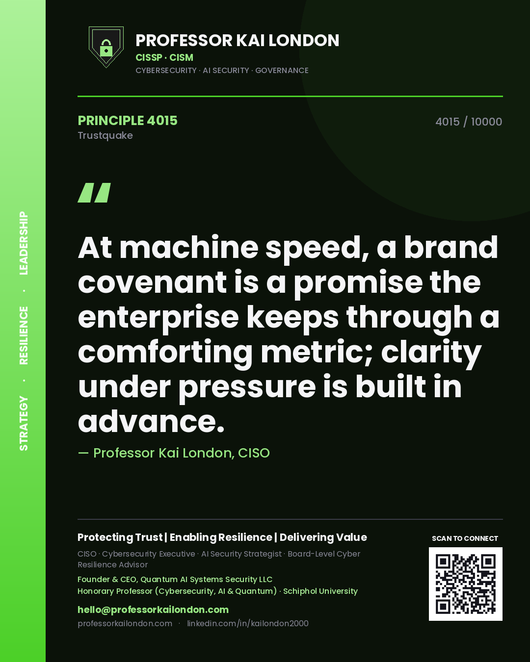 Professor Kai London principle 4015: At machine speed, a brand covenant is a promise the enterprise keeps through a comforting metric; clarity under pressure is built in advance.
