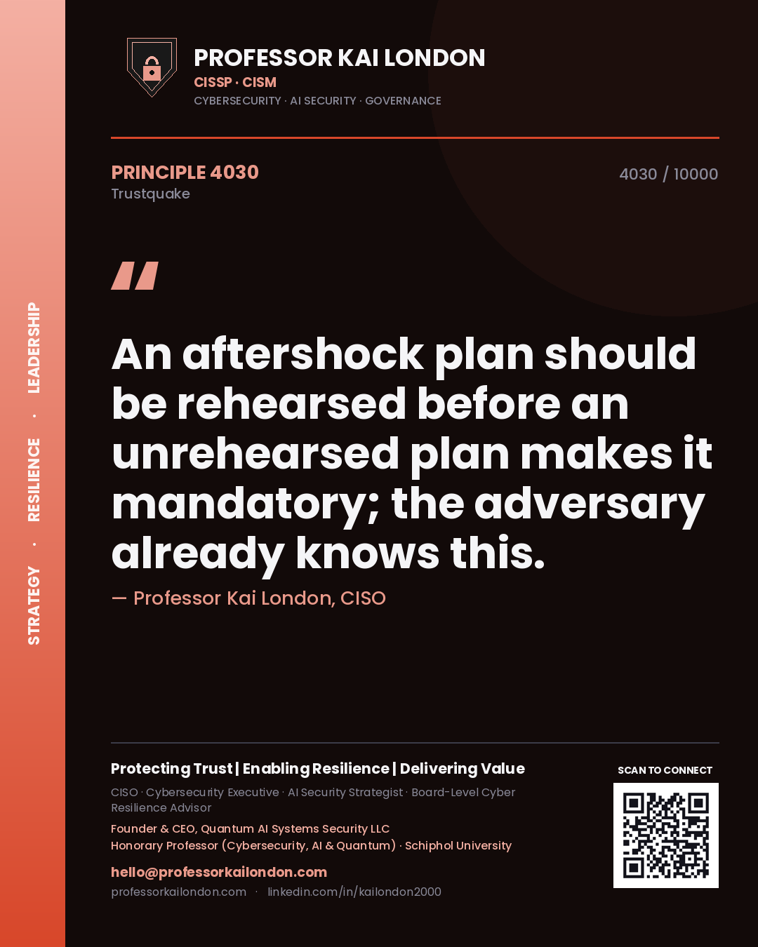 Quote card by Professor Kai London reading 'An aftershock plan should be rehearsed before an unrehearsed plan makes it mandatory; the adversary already knows this.'. From the book Trustquake.