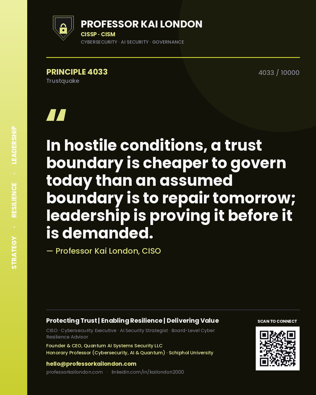 Quote card by Professor Kai London reading 'In hostile conditions, a trust boundary is cheaper to govern today than an assumed boundary is to repair tomorrow; leadership is proving it before it is demanded.'. From the book Trustquake.