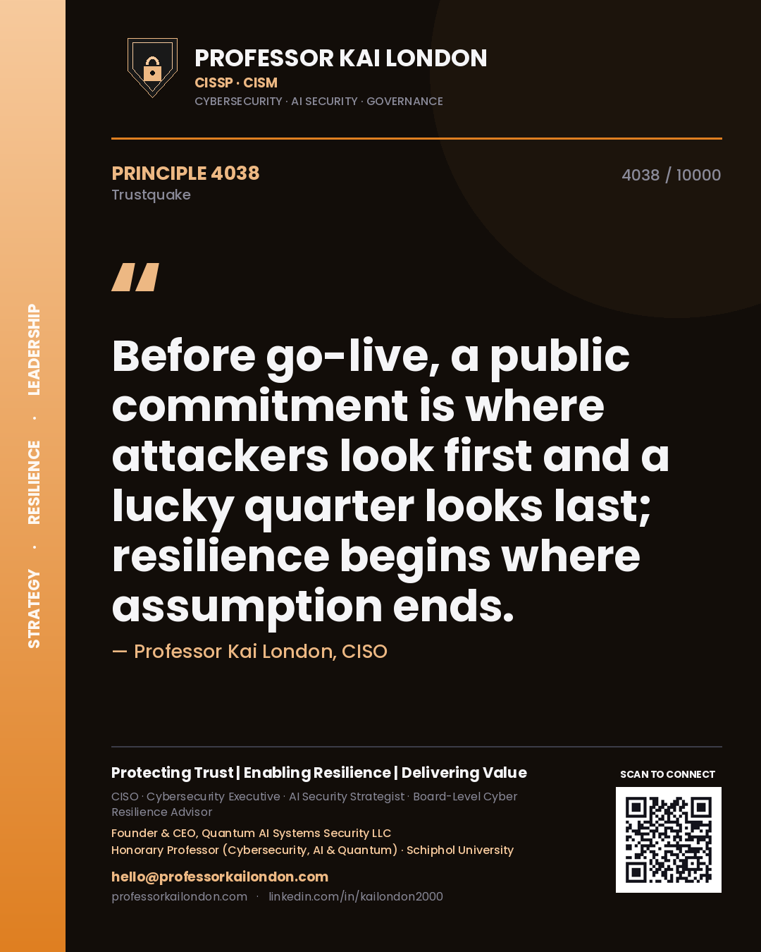 Professor Kai London principle 4038: Before go-live, a public commitment is where attackers look first and a lucky quarter looks last; resilience begins where assumption ends.