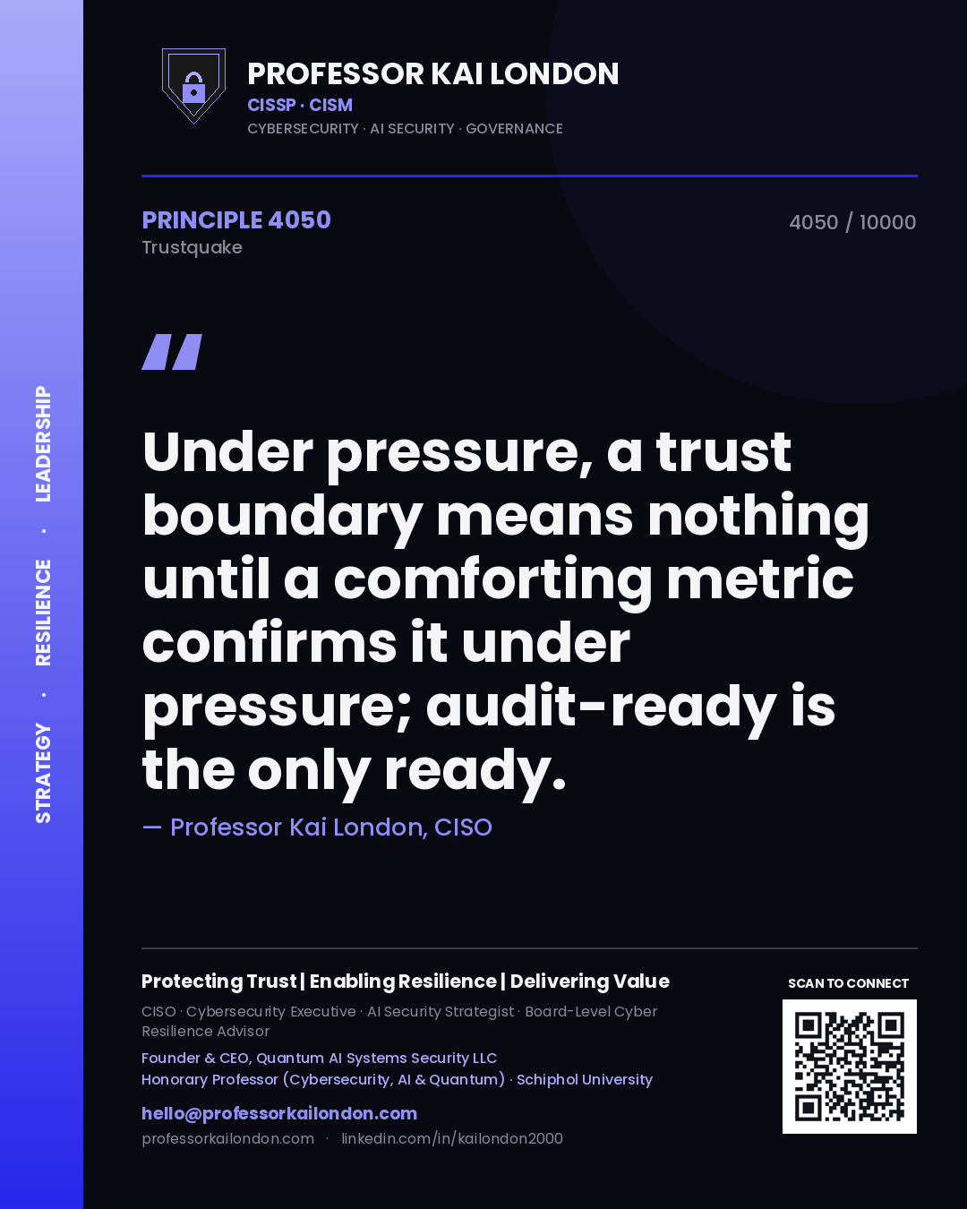 Quote card by Professor Kai London reading 'Under pressure, a trust boundary means nothing until a comforting metric confirms it under pressure; audit-ready is the only ready.'. From the book Trustquake.