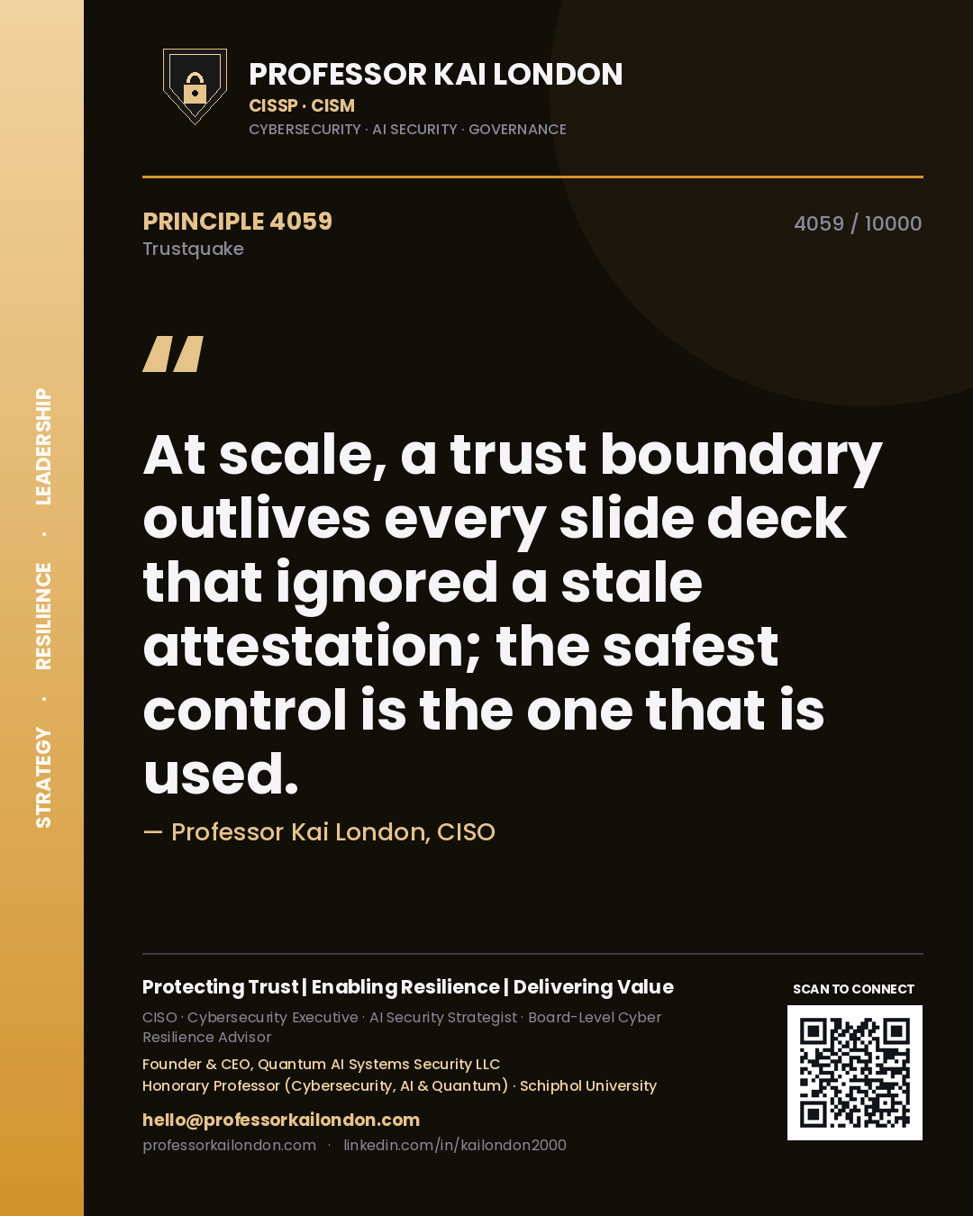 Quote card by Professor Kai London reading 'At scale, a trust boundary outlives every slide deck that ignored a stale attestation; the safest control is the one that is used.'. From the book Trustquake.