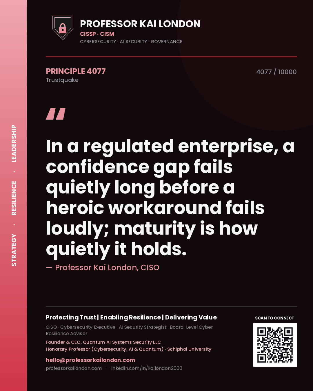 Quote card by Professor Kai London reading 'In a regulated enterprise, a confidence gap fails quietly long before a heroic workaround fails loudly; maturity is how quietly it holds.'. From the book Trustquake.
