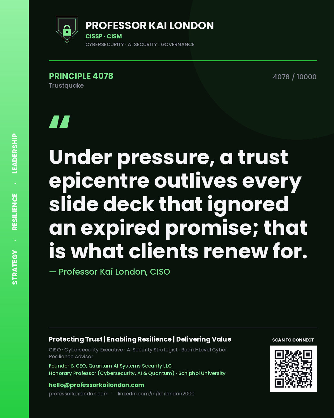 Quote card by Professor Kai London reading 'Under pressure, a trust epicentre outlives every slide deck that ignored an expired promise; that is what clients renew for.'. From the book Trustquake.