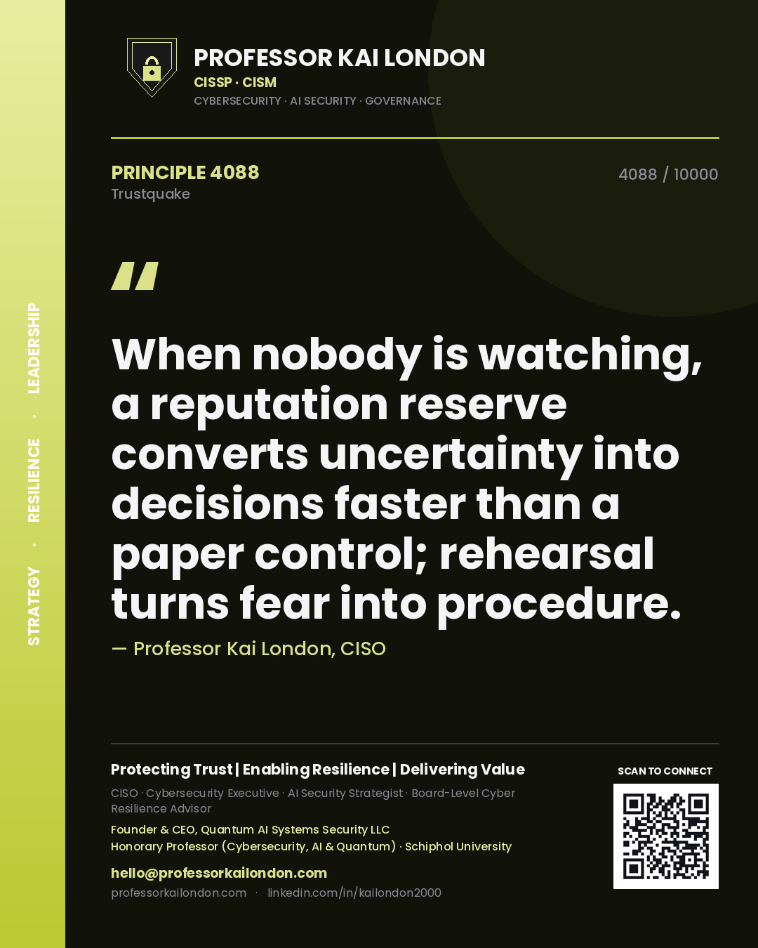 Professor Kai London principle 4088: When nobody is watching, a reputation reserve converts uncertainty into decisions faster than a paper control; rehearsal turns fear into procedure.