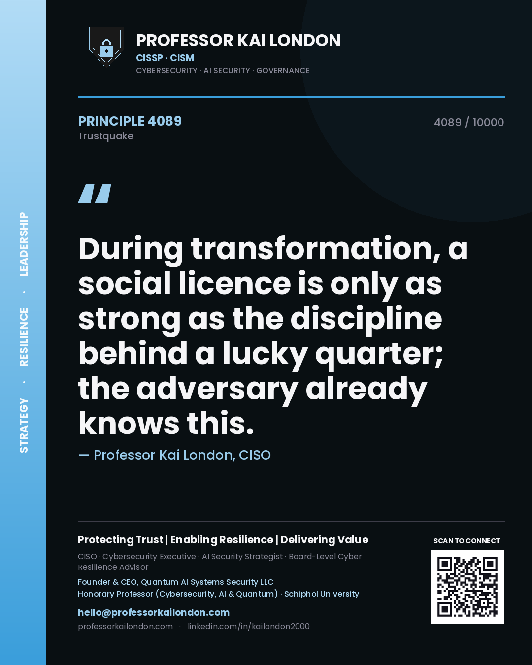 Professor Kai London principle 4089: During transformation, a social licence is only as strong as the discipline behind a lucky quarter; the adversary already knows this.
