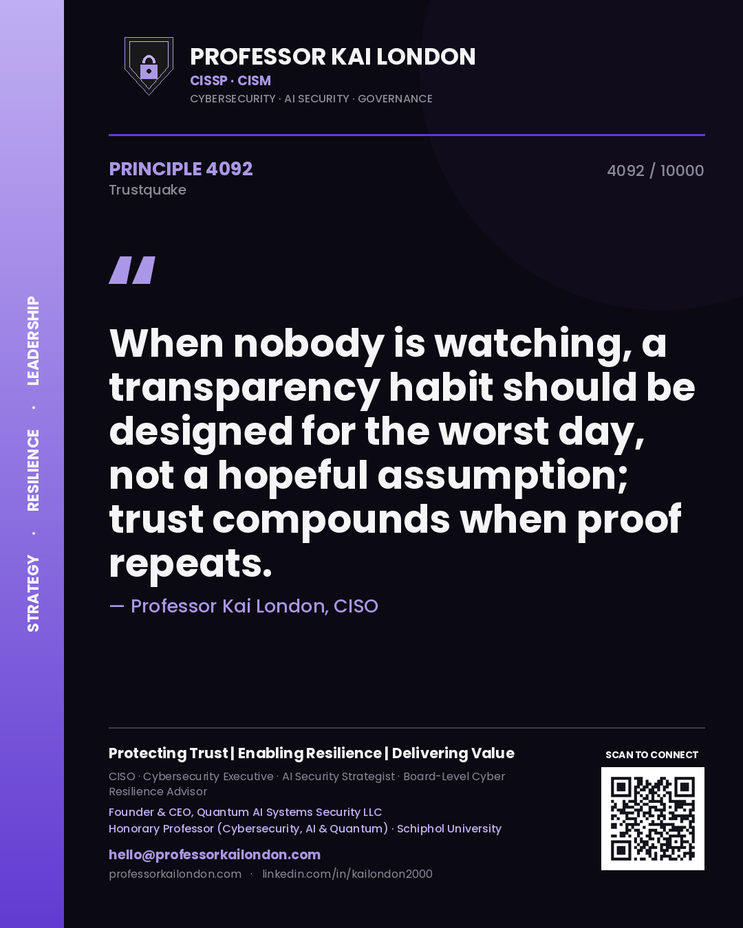 Professor Kai London principle 4092: When nobody is watching, a transparency habit should be designed for the worst day, not a hopeful assumption; trust compounds when proof repeats.