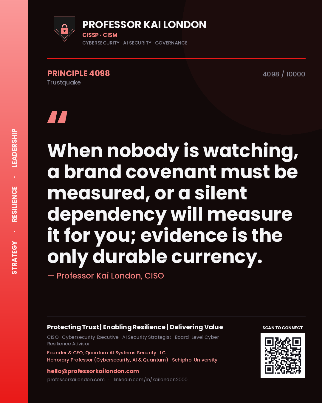 Quote card by Professor Kai London reading 'When nobody is watching, a brand covenant must be measured, or a silent dependency will measure it for you; evidence is the only durable currency.'. From the book Trustquake.