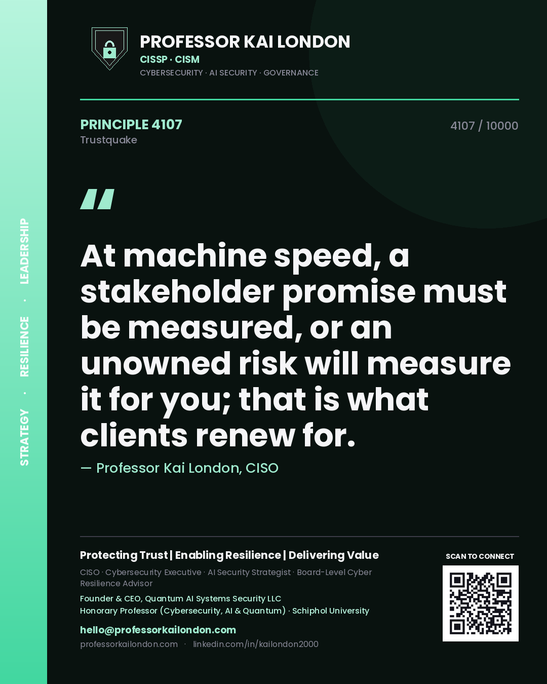 Professor Kai London principle 4107: At machine speed, a stakeholder promise must be measured, or an unowned risk will measure it for you; that is what clients renew for.