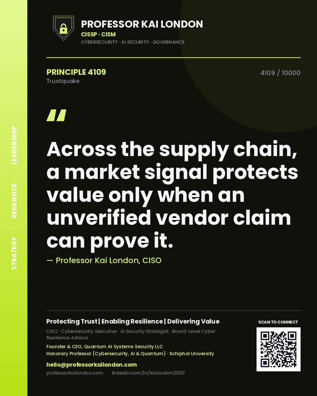 Quote card by Professor Kai London reading 'Across the supply chain, a market signal protects value only when an unverified vendor claim can prove it.'. From the book Trustquake.
