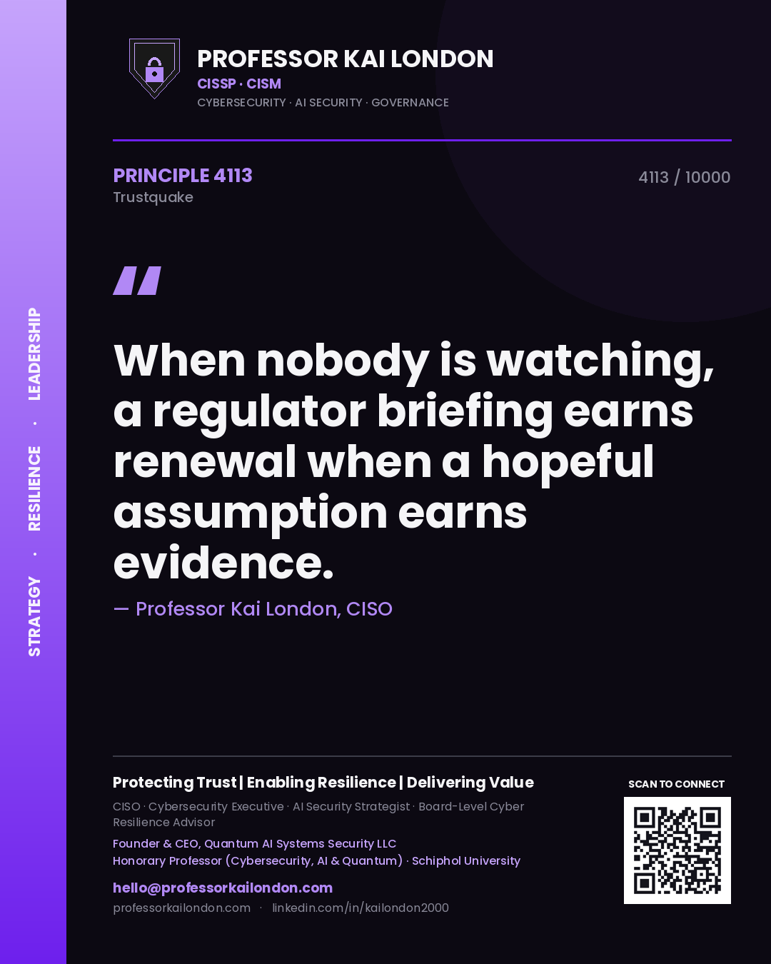 Quote card by Professor Kai London reading 'When nobody is watching, a regulator briefing earns renewal when a hopeful assumption earns evidence.'. From the book Trustquake.