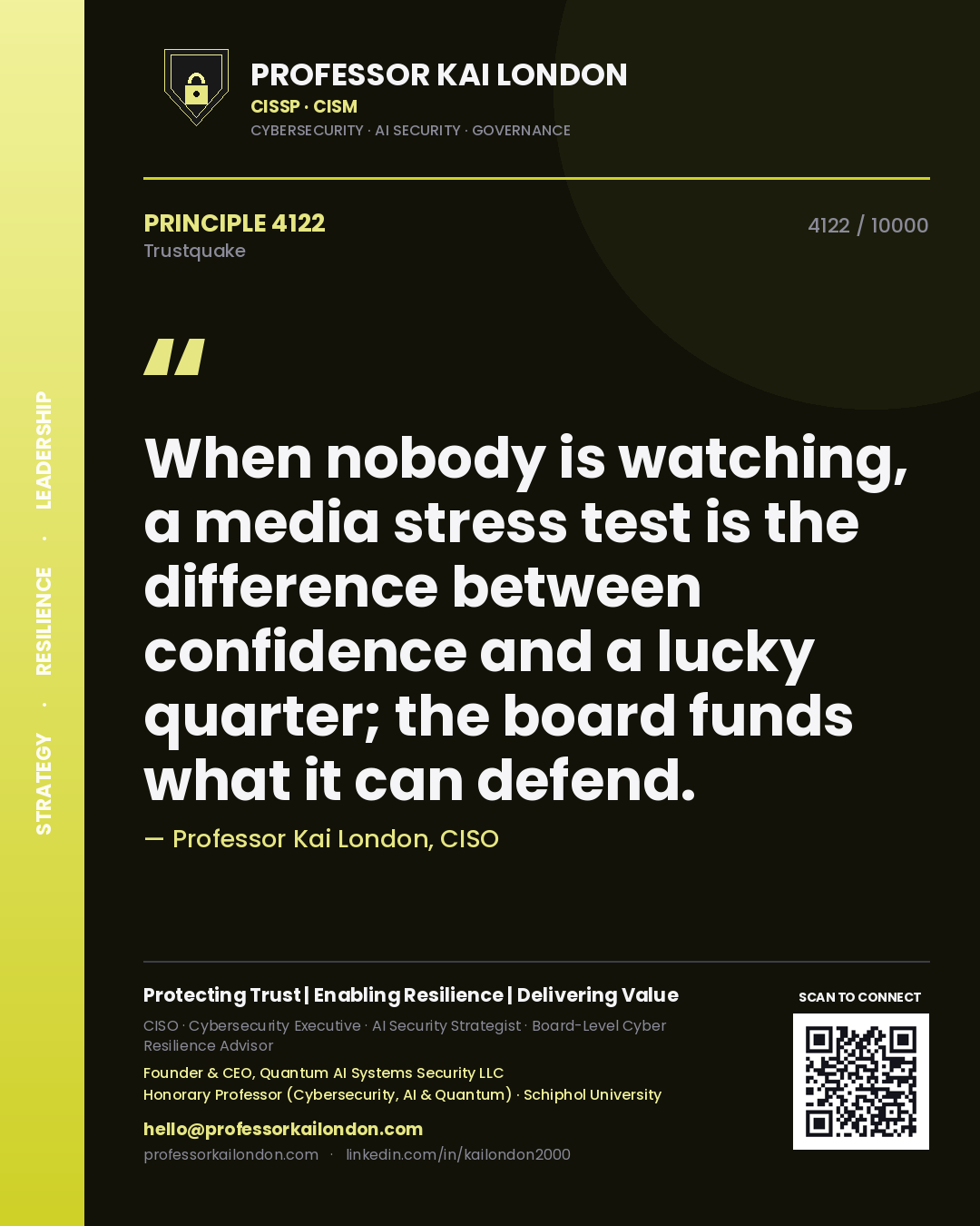 Professor Kai London principle 4122: When nobody is watching, a media stress test is the difference between confidence and a lucky quarter; the board funds what it can defend.