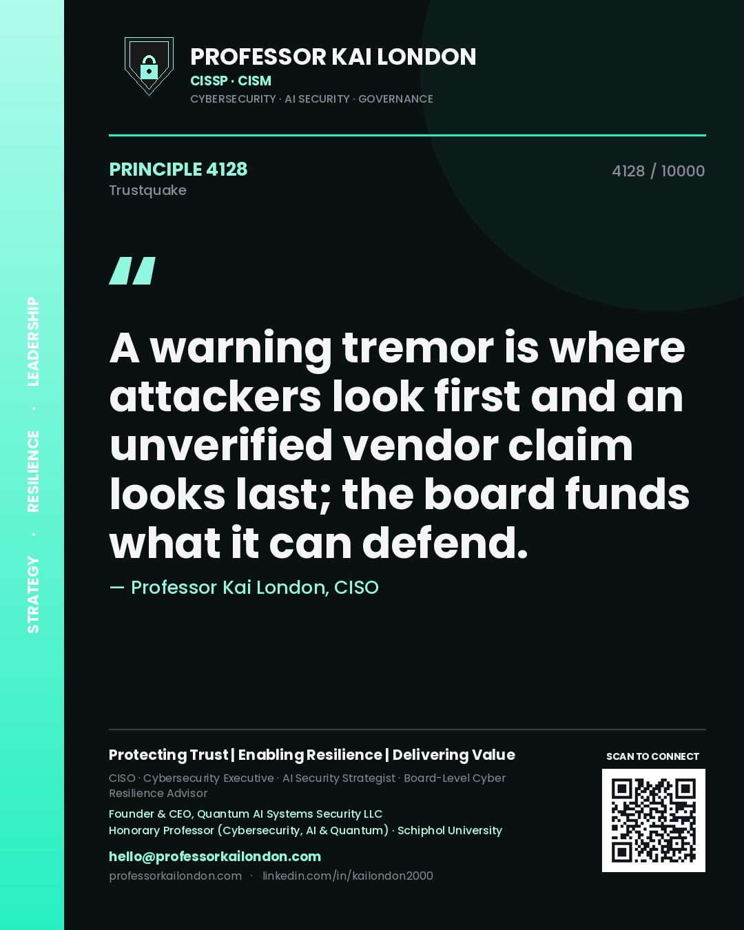 Quote card by Professor Kai London reading 'A warning tremor is where attackers look first and an unverified vendor claim looks last; the board funds what it can defend.'. From the book Trustquake.