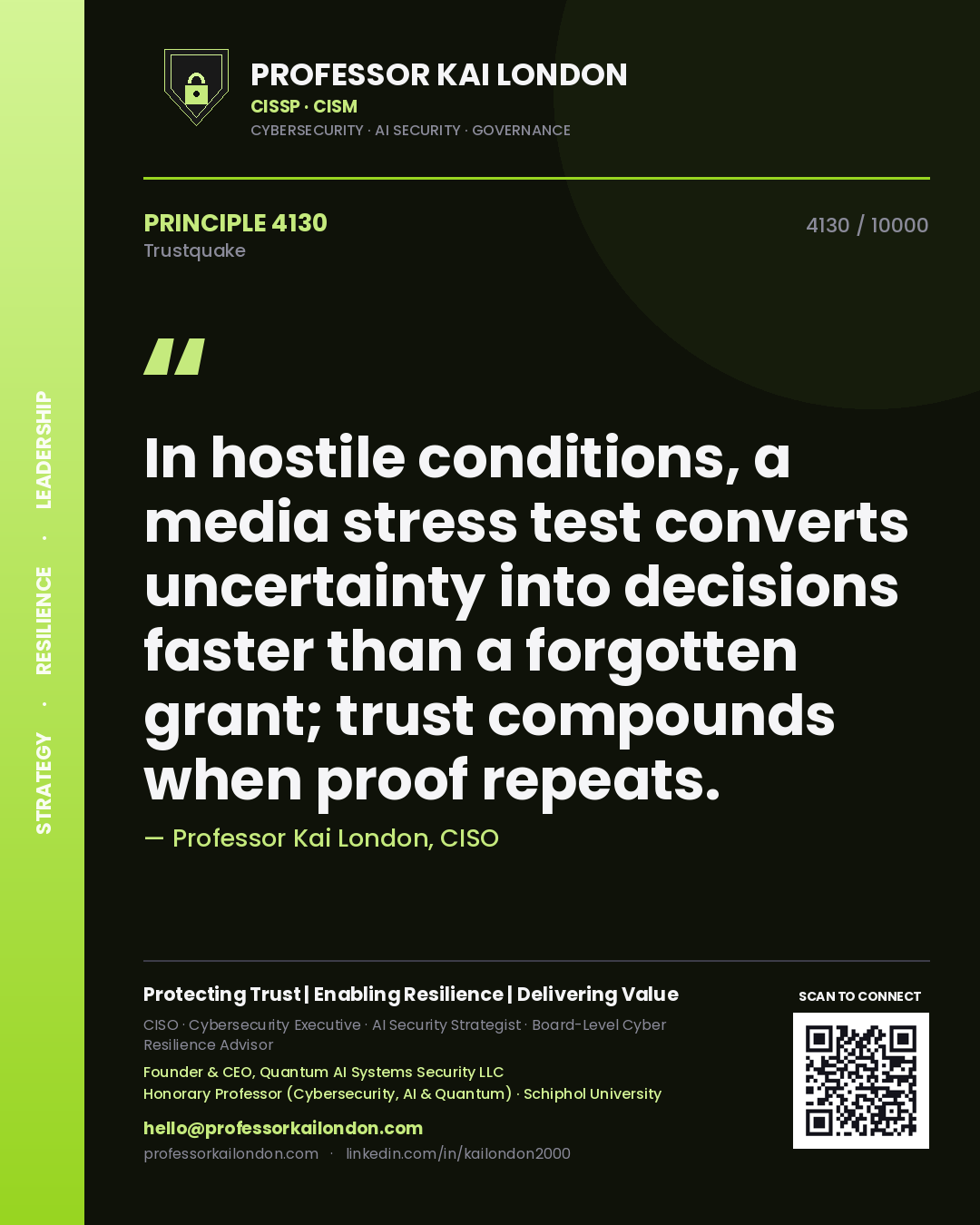 Quote card by Professor Kai London reading 'In hostile conditions, a media stress test converts uncertainty into decisions faster than a forgotten grant; trust compounds when proof repeats.'. From the book Trustquake.