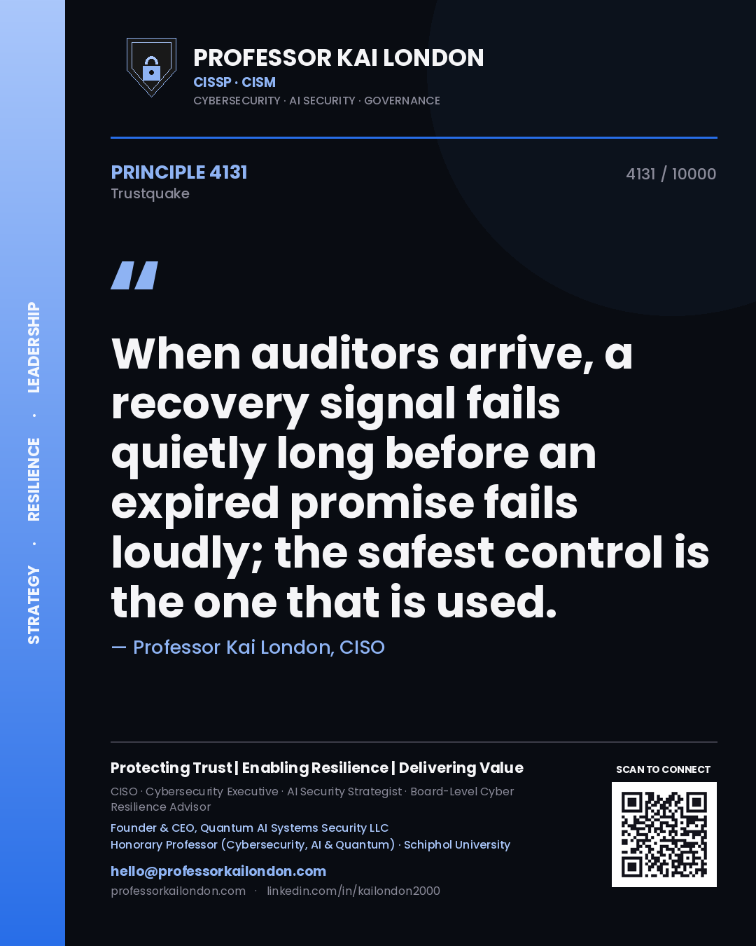 Professor Kai London principle 4131: When auditors arrive, a recovery signal fails quietly long before an expired promise fails loudly; the safest control is the one that is used.