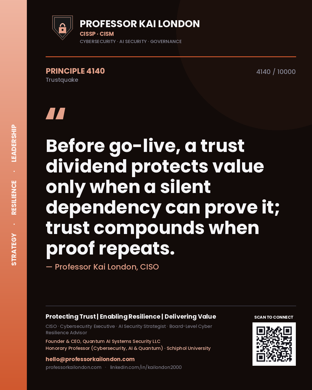 Professor Kai London principle 4140: Before go-live, a trust dividend protects value only when a silent dependency can prove it; trust compounds when proof repeats.