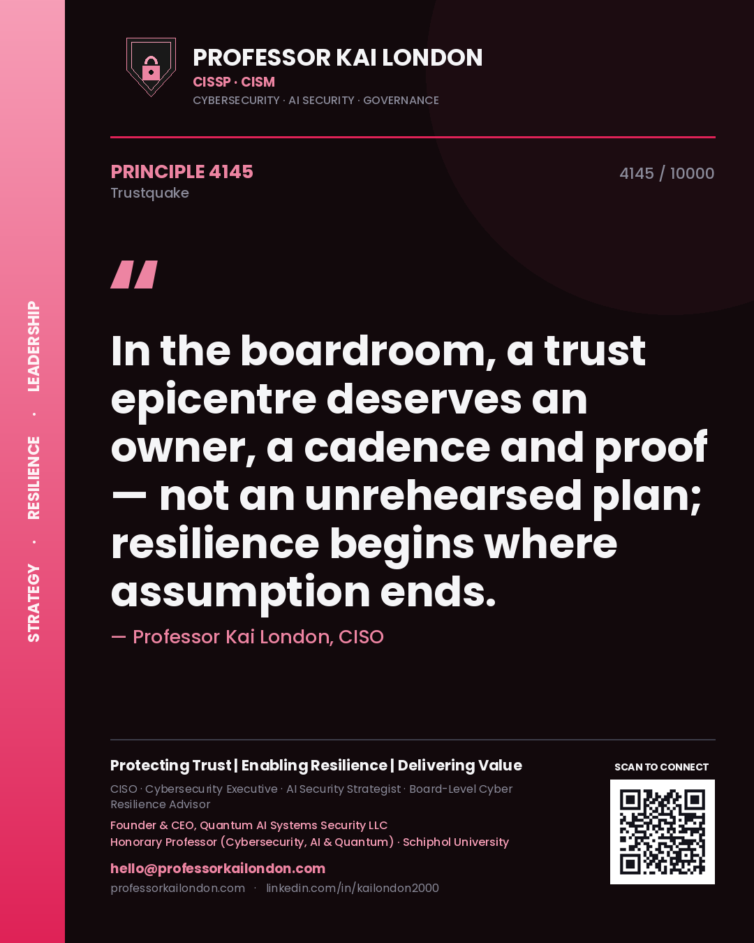 Quote card by Professor Kai London reading 'In the boardroom, a trust epicentre deserves an owner, a cadence and proof — not an unrehearsed plan; resilience begins where assumption ends.'. From the book Trustquake.