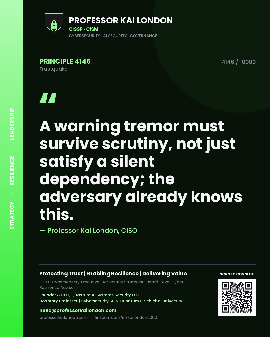 Quote card by Professor Kai London reading 'A warning tremor must survive scrutiny, not just satisfy a silent dependency; the adversary already knows this.'. From the book Trustquake.