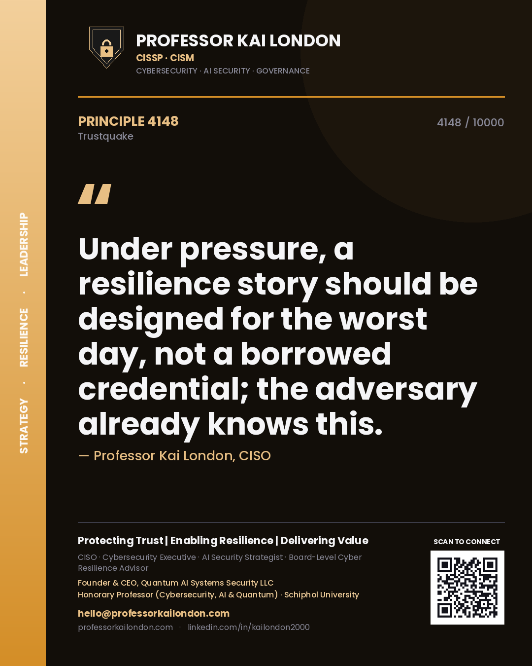 Professor Kai London principle 4148: Under pressure, a resilience story should be designed for the worst day, not a borrowed credential; the adversary already knows this.