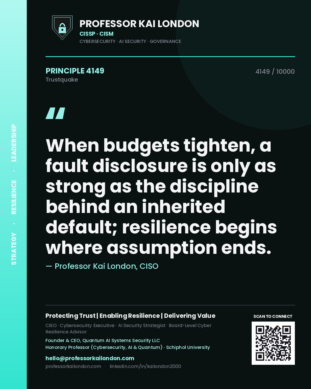 Professor Kai London principle 4149: When budgets tighten, a fault disclosure is only as strong as the discipline behind an inherited default; resilience begins where assumption ends.