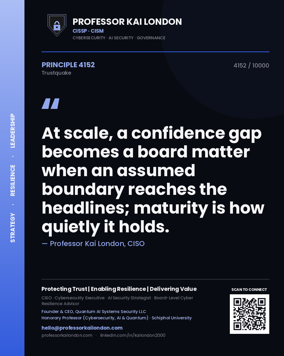 Quote card by Professor Kai London reading 'At scale, a confidence gap becomes a board matter when an assumed boundary reaches the headlines; maturity is how quietly it holds.'. From the book Trustquake.