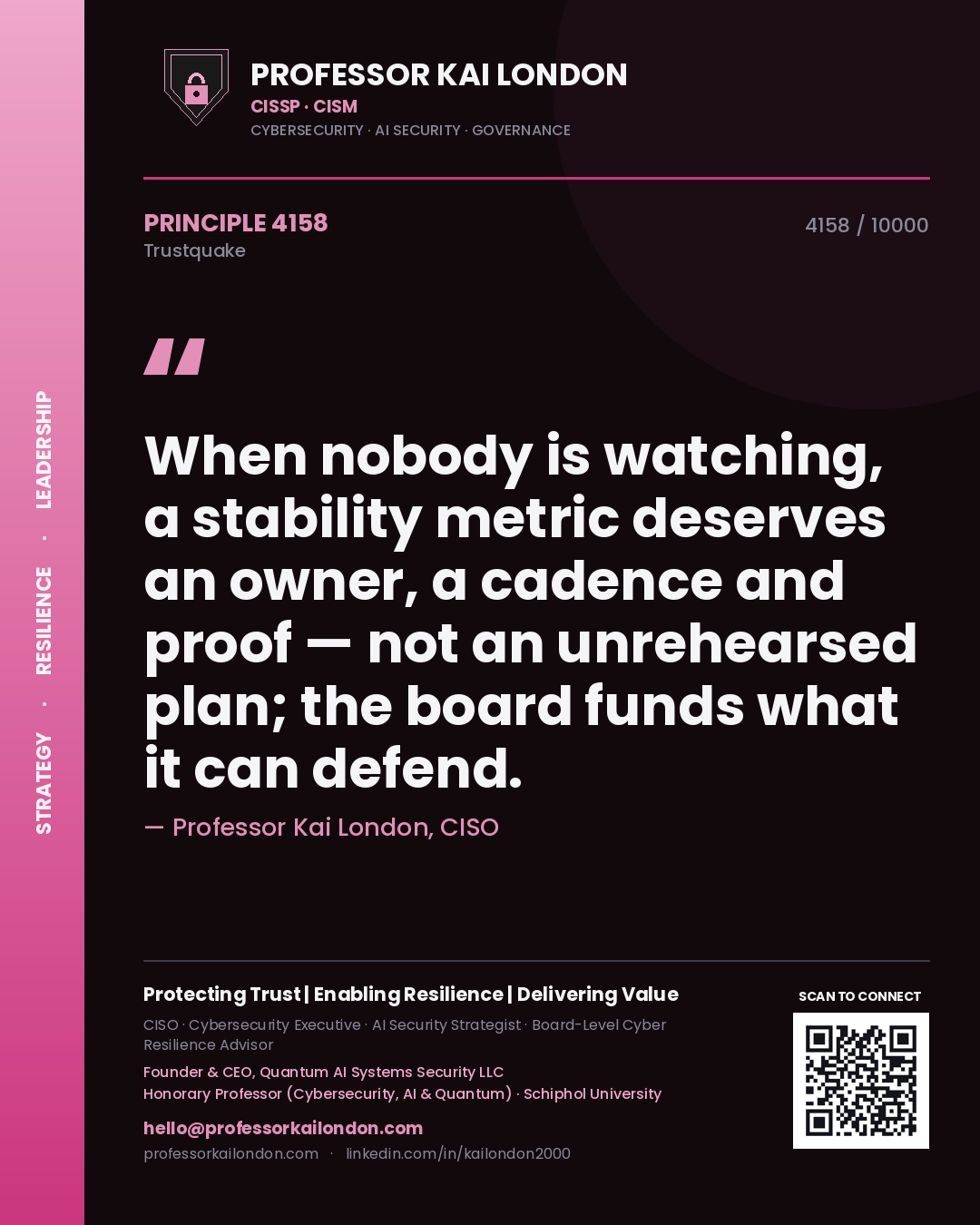 Quote card by Professor Kai London reading 'When nobody is watching, a stability metric deserves an owner, a cadence and proof — not an unrehearsed plan; the board funds what it can defend.'. From the book Trustquake.