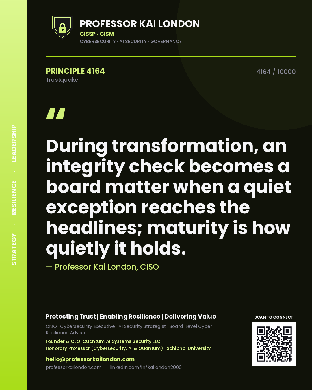 Professor Kai London principle 4164: During transformation, an integrity check becomes a board matter when a quiet exception reaches the headlines; maturity is how quietly it holds.