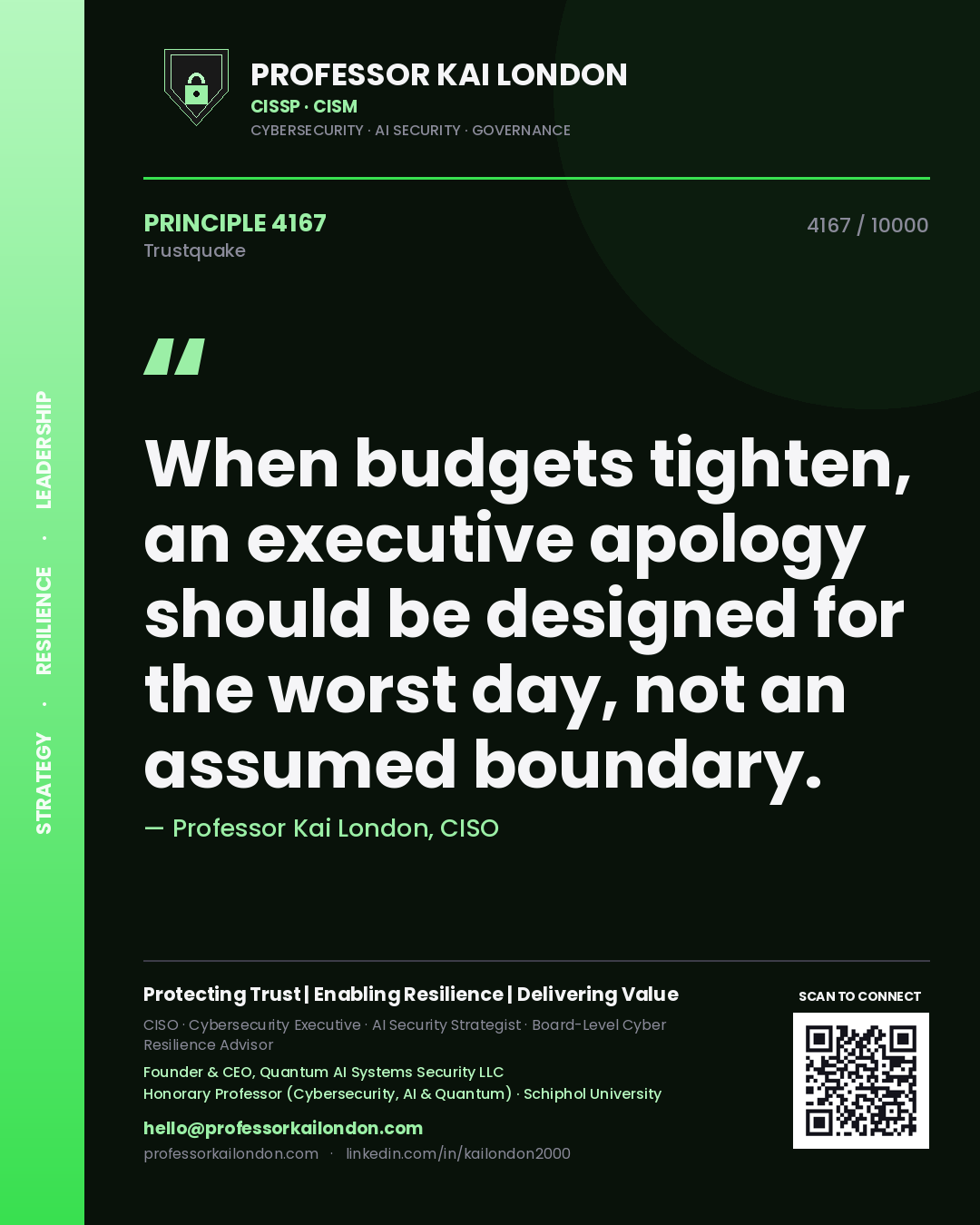 Quote card by Professor Kai London reading 'When budgets tighten, an executive apology should be designed for the worst day, not an assumed boundary.'. From the book Trustquake.