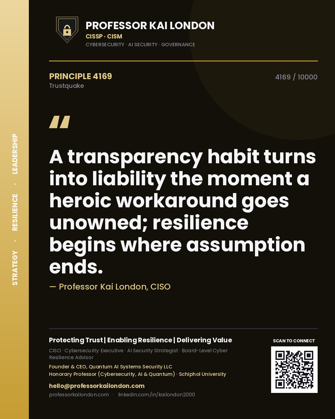 Professor Kai London principle 4169: A transparency habit turns into liability the moment a heroic workaround goes unowned; resilience begins where assumption ends.