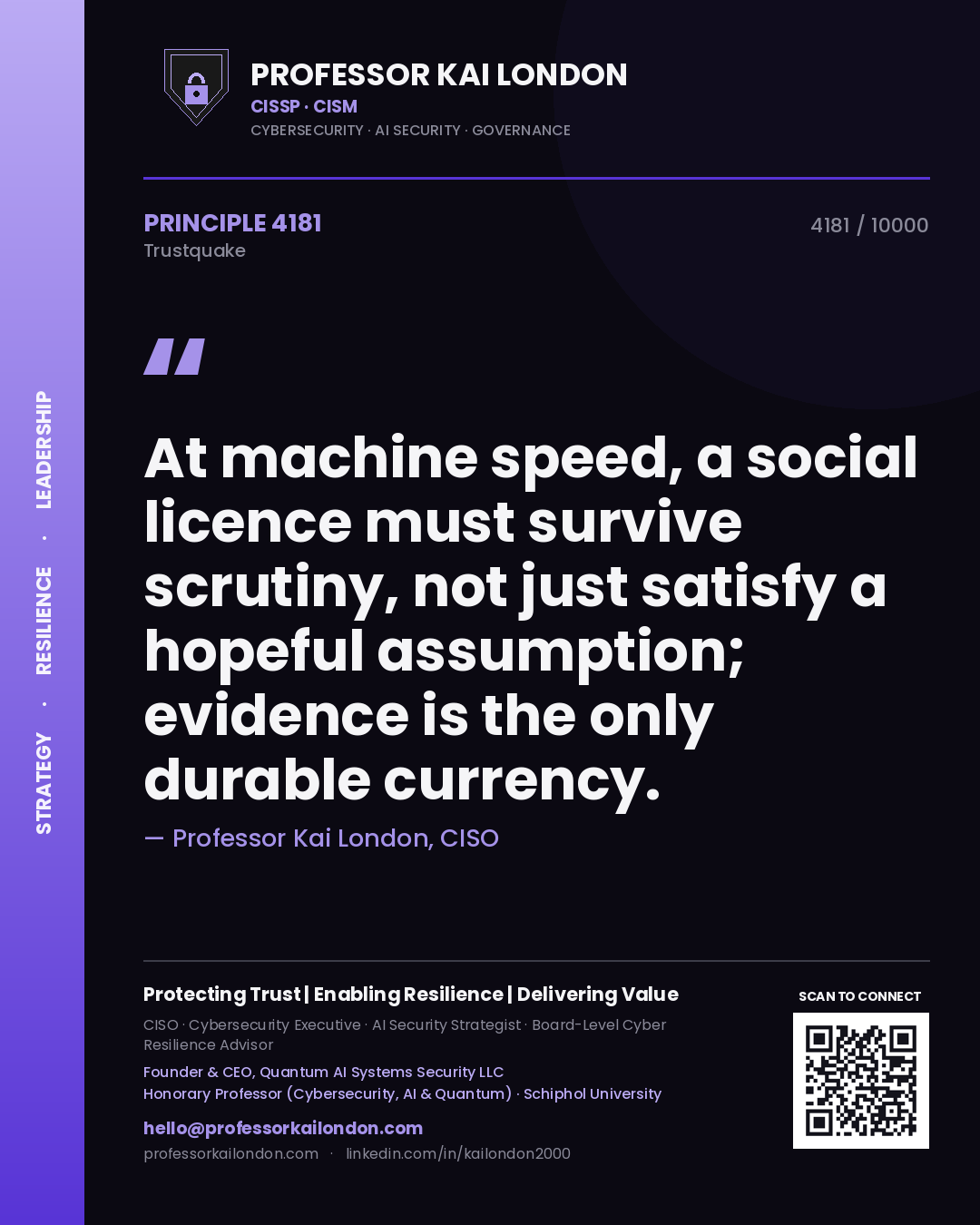 Professor Kai London principle 4181: At machine speed, a social licence must survive scrutiny, not just satisfy a hopeful assumption; evidence is the only durable currency.