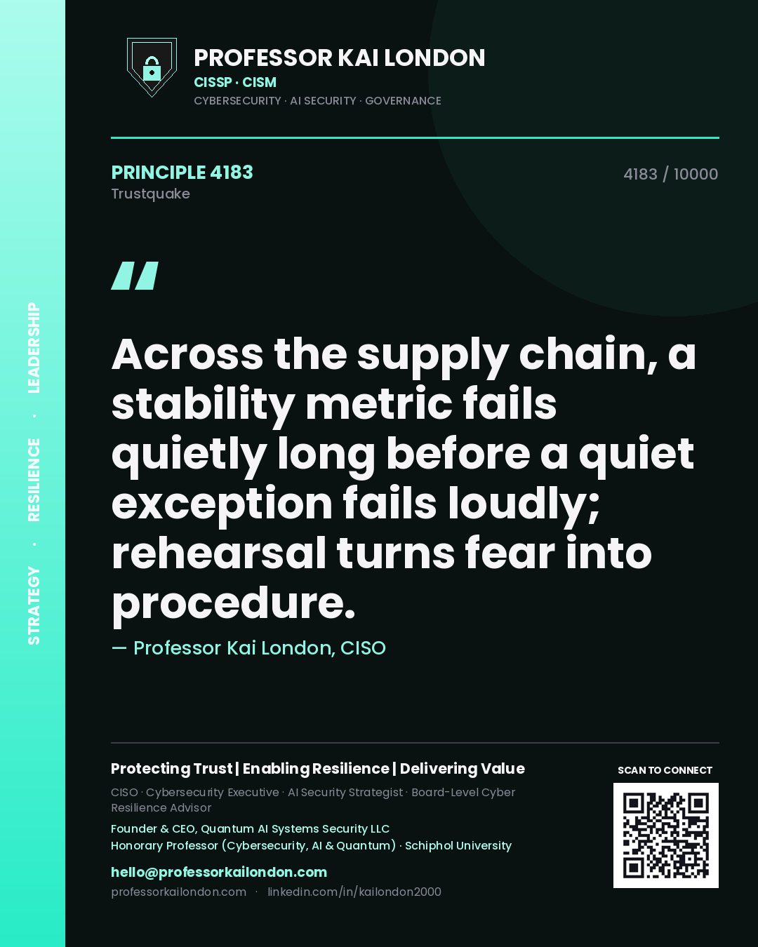 Professor Kai London principle 4183: Across the supply chain, a stability metric fails quietly long before a quiet exception fails loudly; rehearsal turns fear into procedure.