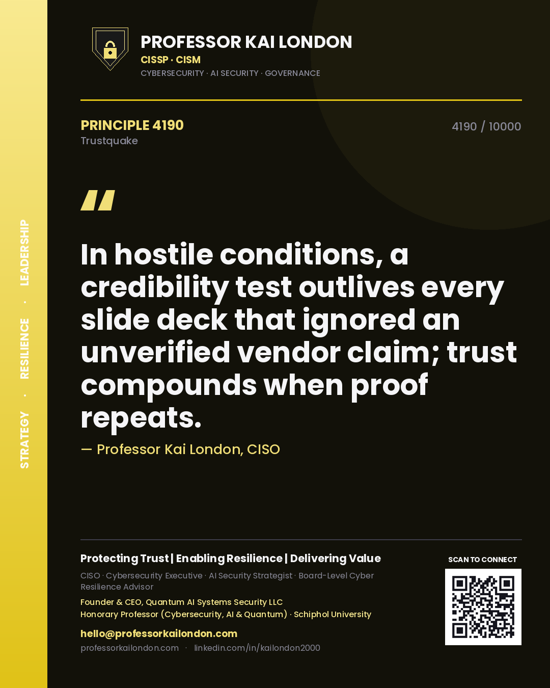 Professor Kai London principle 4190: In hostile conditions, a credibility test outlives every slide deck that ignored an unverified vendor claim; trust compounds when proof repeats.