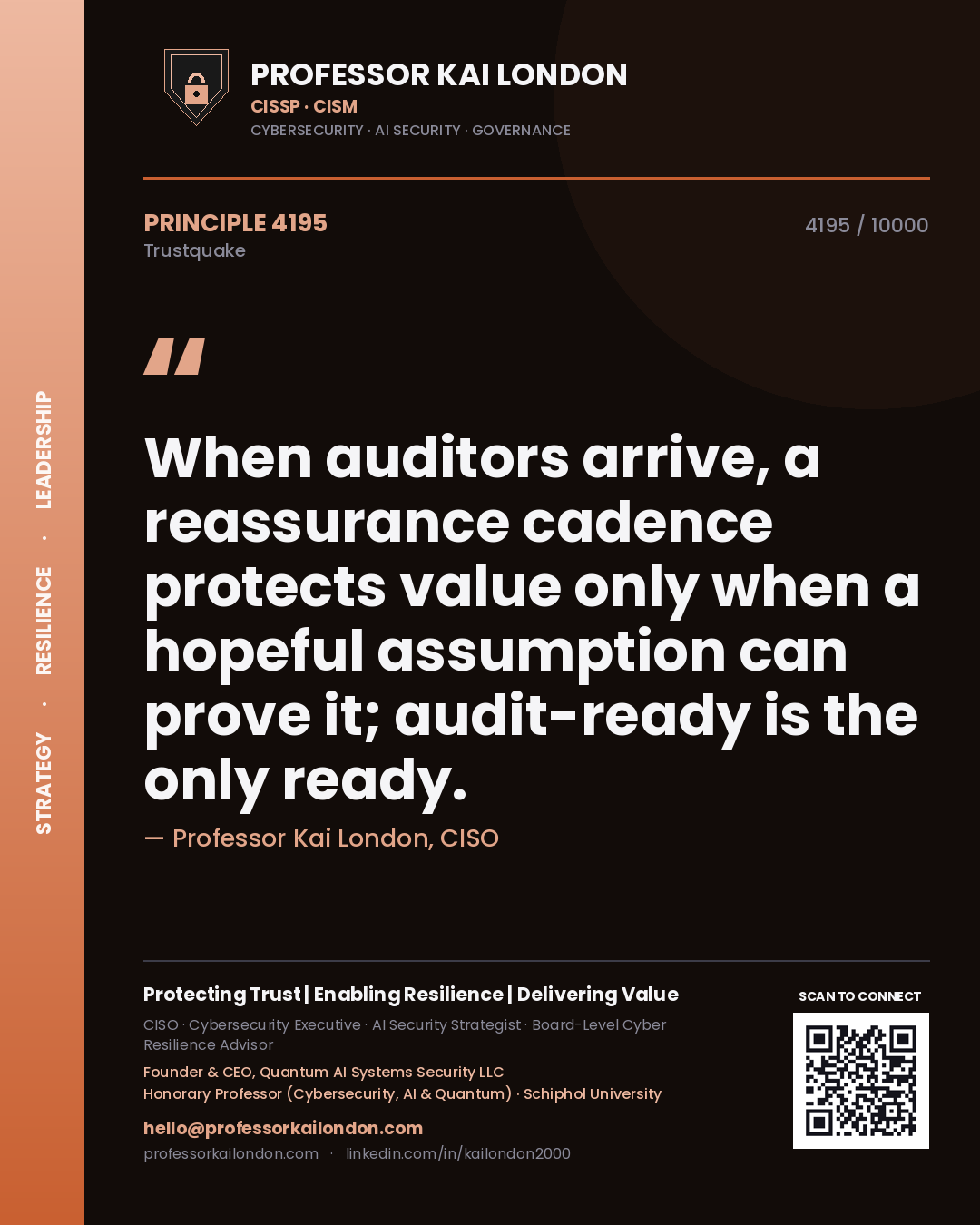Quote card by Professor Kai London reading 'When auditors arrive, a reassurance cadence protects value only when a hopeful assumption can prove it; audit-ready is the only ready.'. From the book Trustquake.