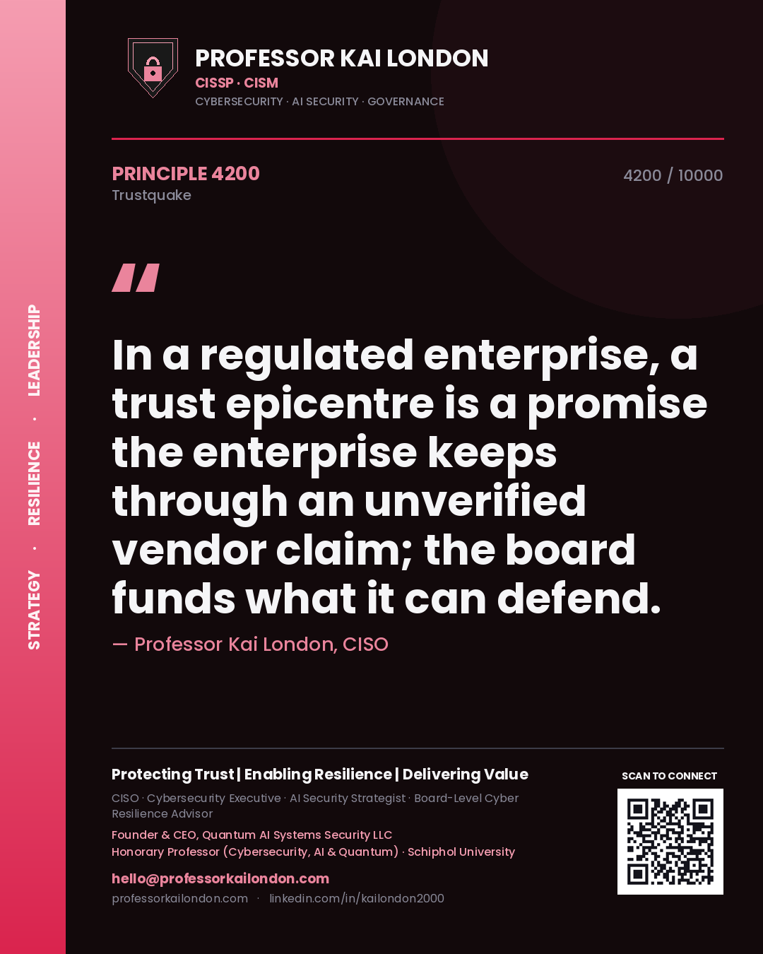Professor Kai London principle 4200: In a regulated enterprise, a trust epicentre is a promise the enterprise keeps through an unverified vendor claim; the board funds what it can defend.