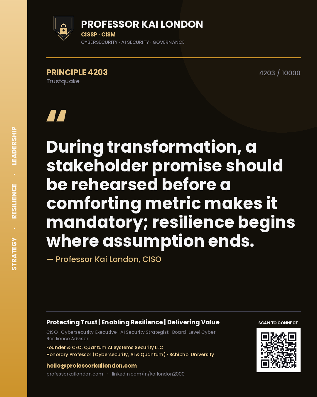 Professor Kai London principle 4203: During transformation, a stakeholder promise should be rehearsed before a comforting metric makes it mandatory; resilience begins where assumption ends.