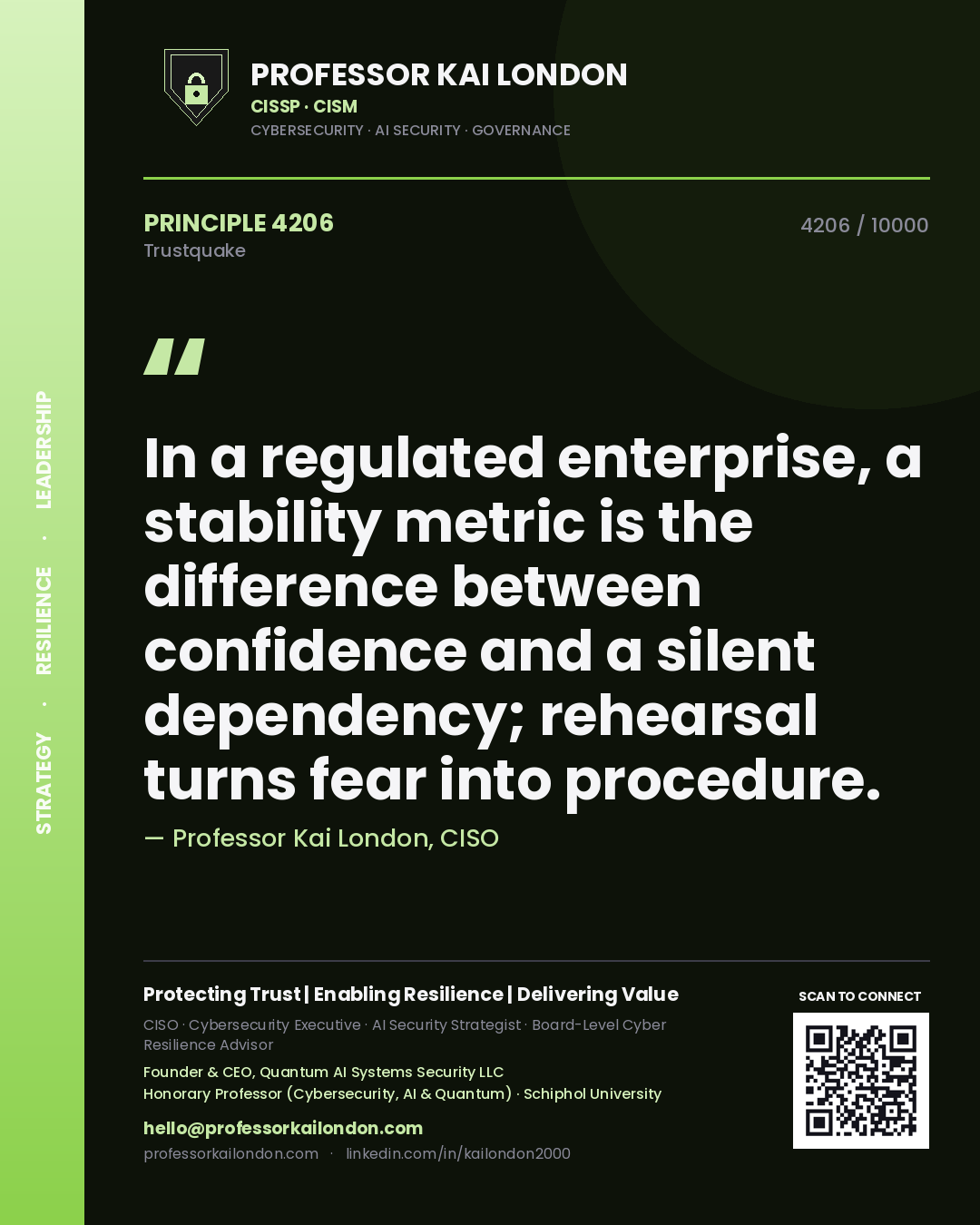 Professor Kai London principle 4206: In a regulated enterprise, a stability metric is the difference between confidence and a silent dependency; rehearsal turns fear into procedure.