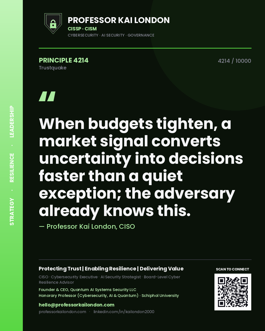 Quote card by Professor Kai London reading 'When budgets tighten, a market signal converts uncertainty into decisions faster than a quiet exception; the adversary already knows this.'. From the book Trustquake.
