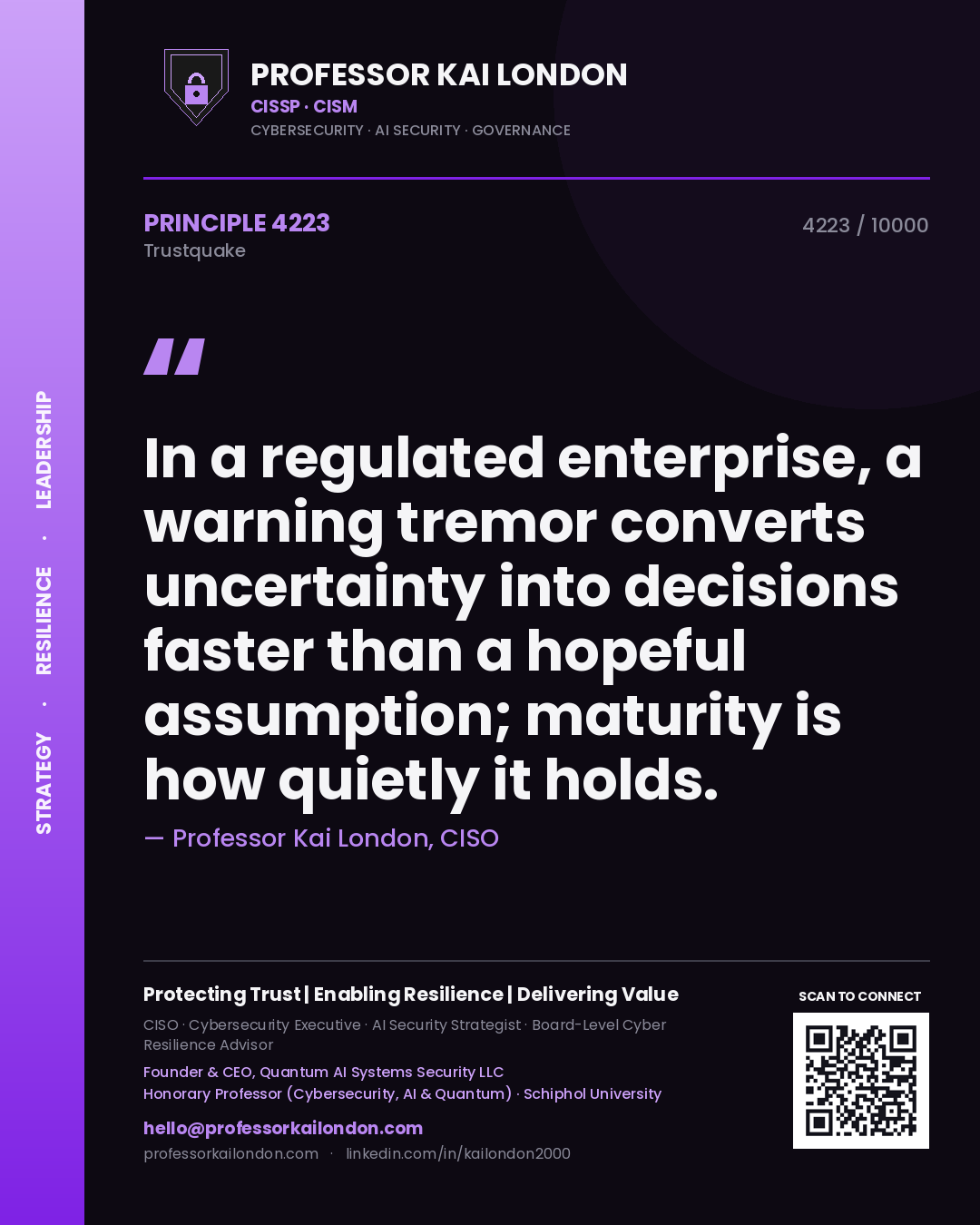Quote card by Professor Kai London reading 'In a regulated enterprise, a warning tremor converts uncertainty into decisions faster than a hopeful assumption; maturity is how quietly it holds.'. From the book Trustquake.