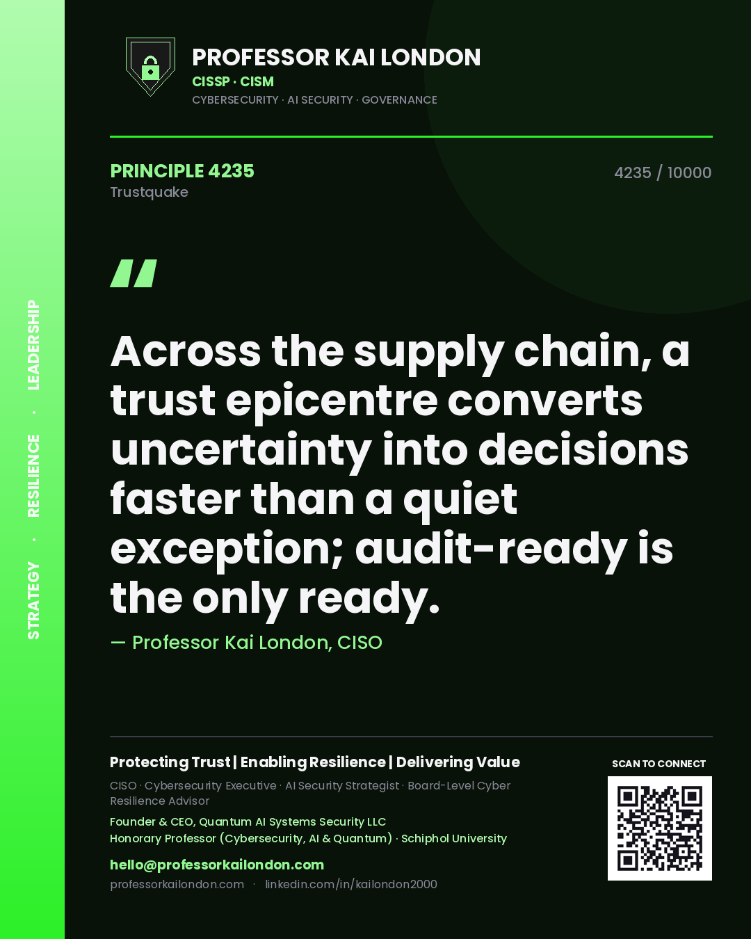 Quote card by Professor Kai London reading 'Across the supply chain, a trust epicentre converts uncertainty into decisions faster than a quiet exception; audit-ready is the only ready.'. From the book Trustquake.