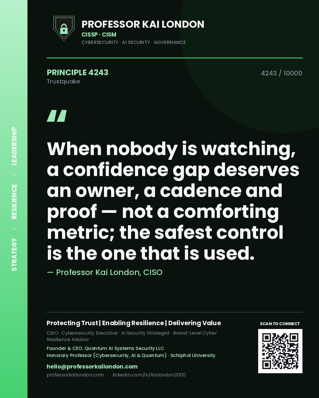 Quote card by Professor Kai London reading 'When nobody is watching, a confidence gap deserves an owner, a cadence and proof — not a comforting metric; the safest control is the one that is used.'. From the book Trustquake.