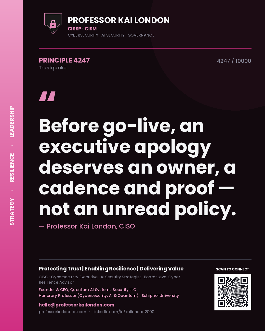 Quote card by Professor Kai London reading 'Before go-live, an executive apology deserves an owner, a cadence and proof — not an unread policy.'. From the book Trustquake.