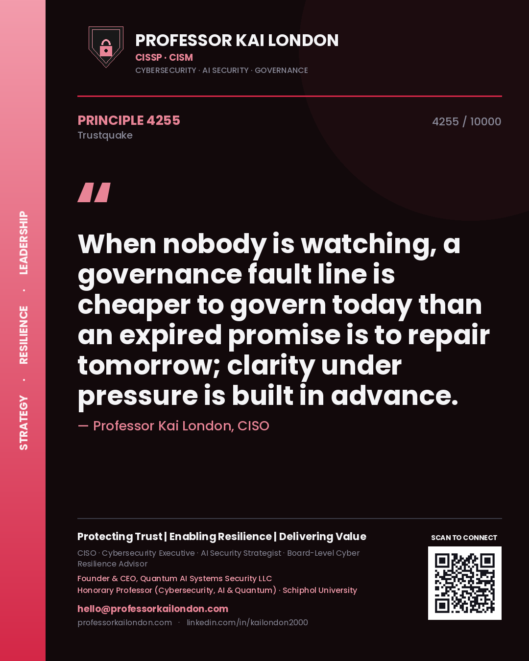 Professor Kai London principle 4255: When nobody is watching, a governance fault line is cheaper to govern today than an expired promise is to repair tomorrow; clarity under pressure is built in advance.