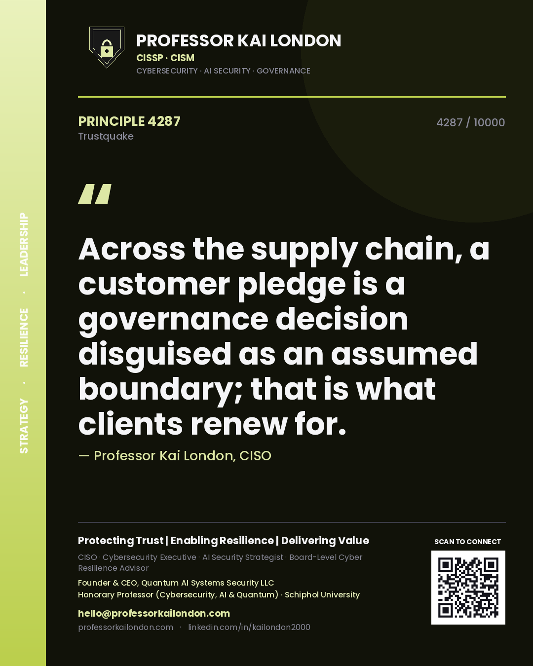 Professor Kai London principle 4287: Across the supply chain, a customer pledge is a governance decision disguised as an assumed boundary; that is what clients renew for.