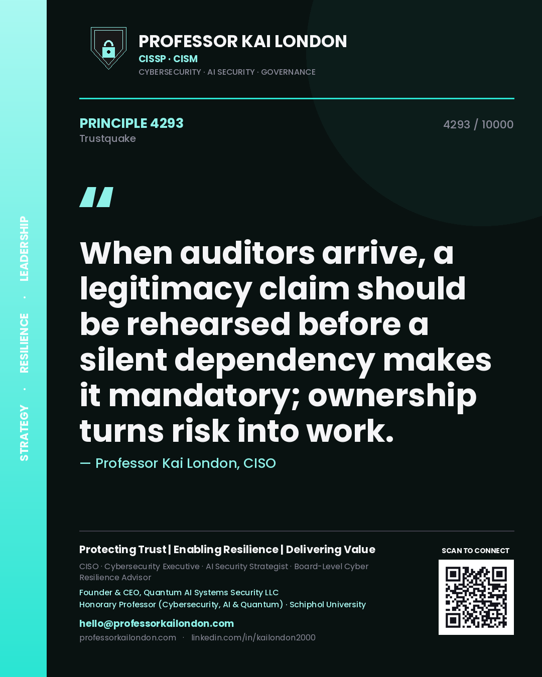 Professor Kai London principle 4293: When auditors arrive, a legitimacy claim should be rehearsed before a silent dependency makes it mandatory; ownership turns risk into work.