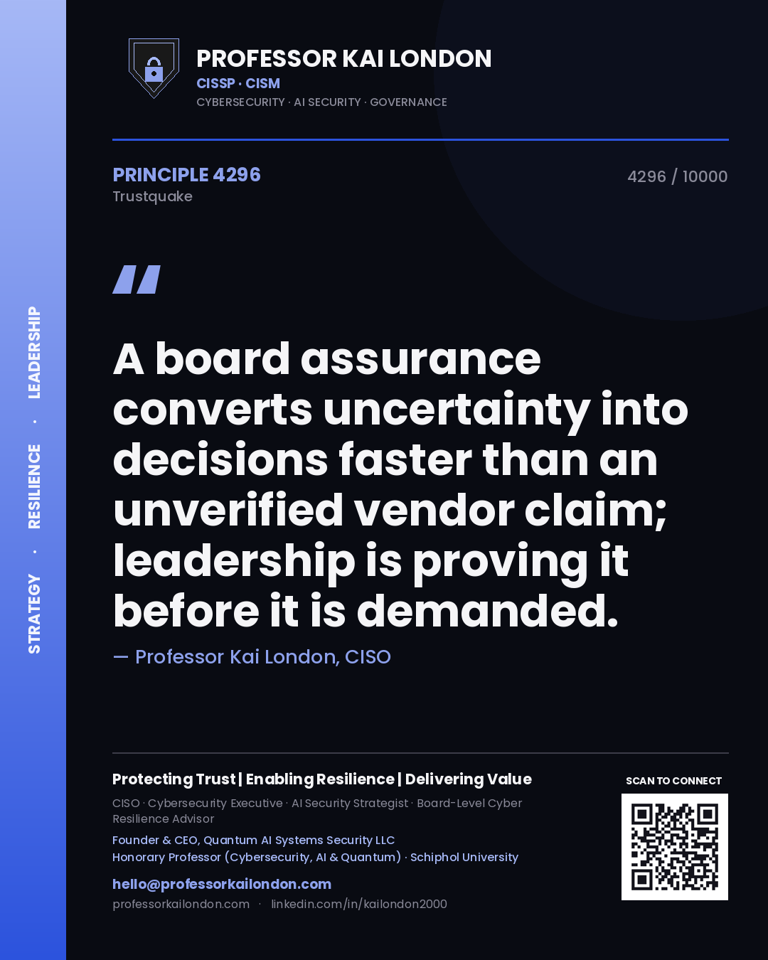 Professor Kai London principle 4296: A board assurance converts uncertainty into decisions faster than an unverified vendor claim; leadership is proving it before it is demanded.