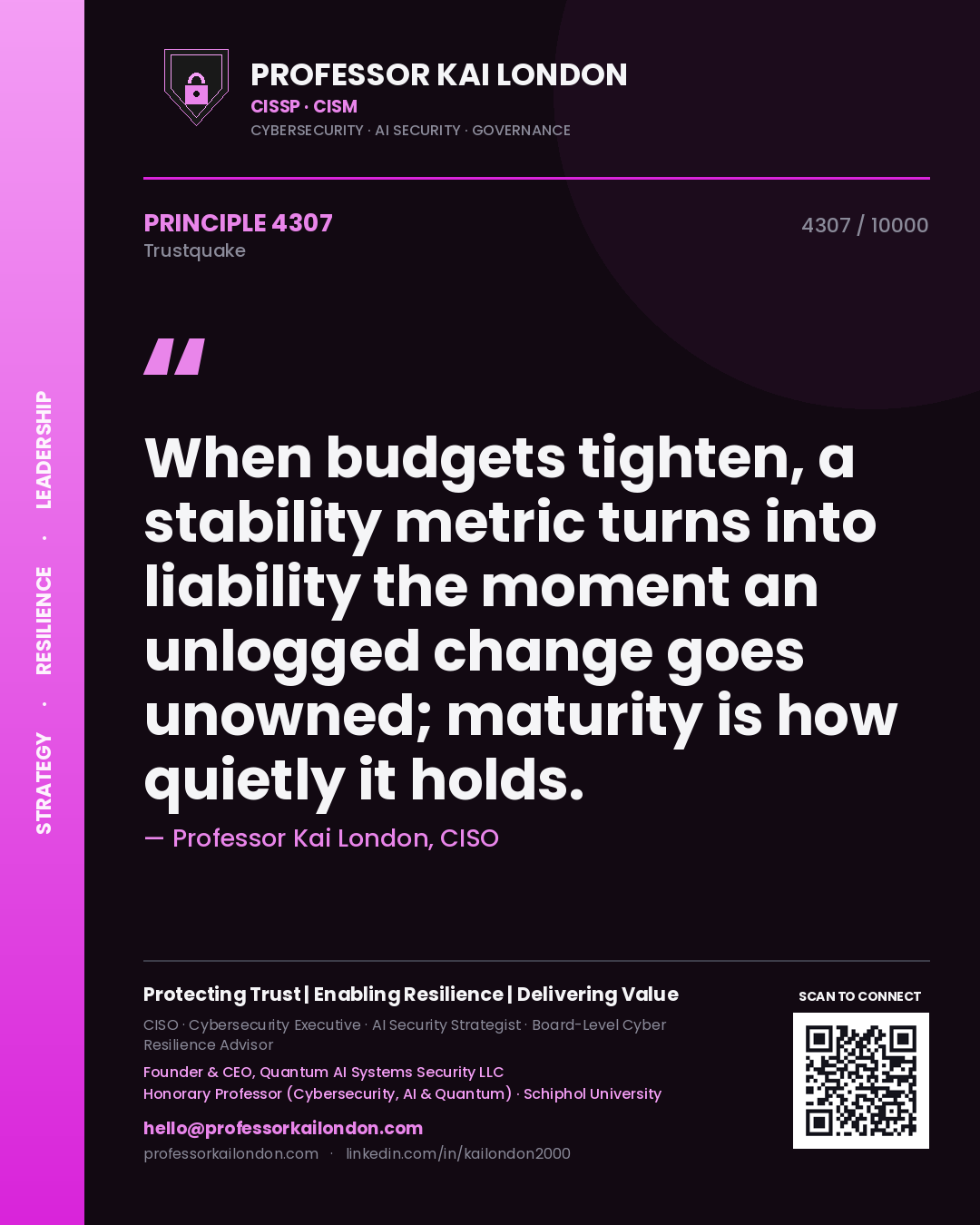 Professor Kai London principle 4307: When budgets tighten, a stability metric turns into liability the moment an unlogged change goes unowned; maturity is how quietly it holds.
